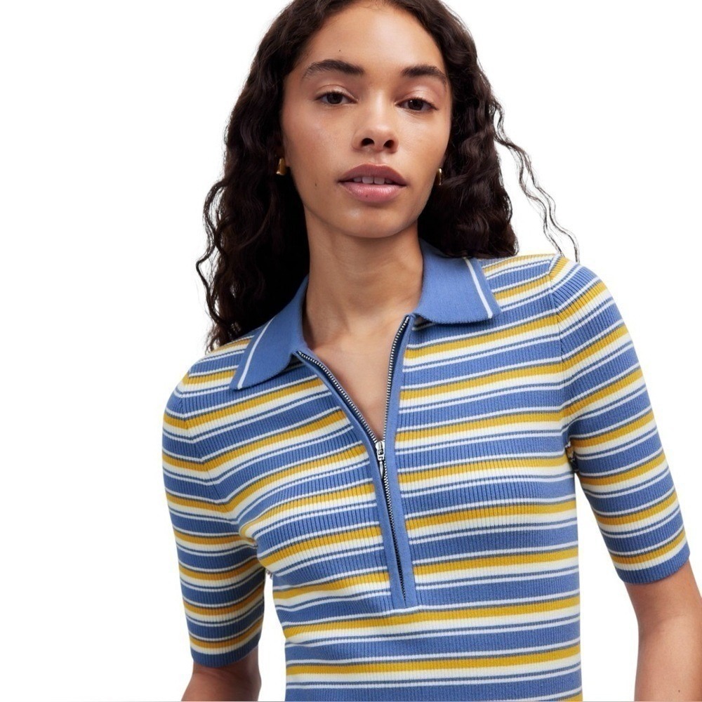 NWT Madewell Half Zip Johnny Collar Striped Academia Ribbed Polo Shirt XXS